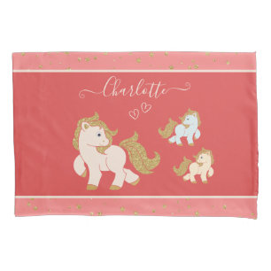 Housse D'oreillers Pink Glitter Ponies with First Name Little Girl