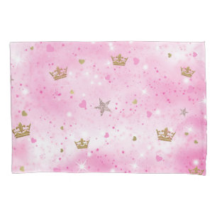 Housse D'oreillers Pink Princess Hearts Stars Crowns Parties scintill