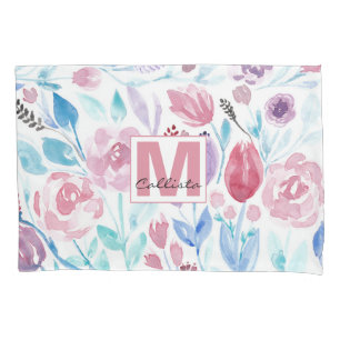 Housse D'oreillers Pink Turquoise Bleu Ressort Aquarelle Fleurs Monog