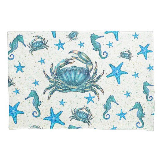 Housse D'oreillers Plage moderne Crabe Bleu Starfish Horloge (devant)