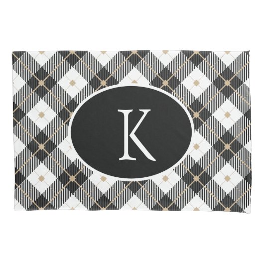 Housse D'oreillers Plaid noir blanc or personnalisé avec monogramme (devant)