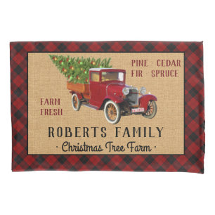 Housse D'oreillers Plaid rouge de camion vintage de ferme d'arbre de