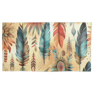 Housse D'oreillers Plumes bleues de la tribu Aztec Boho