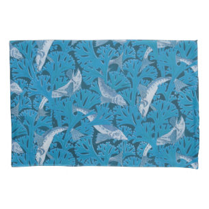 Housse D'oreillers Poisson bleu vintage et algues : Art Nouveau Nauti