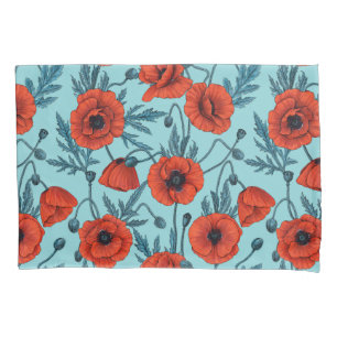 Housse D'oreillers Poppies, rouge et bleu sur le bleu de la piscine