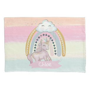 Housse D'oreillers 🦄 Rainbow Unicorn Girl Nom personnalisé