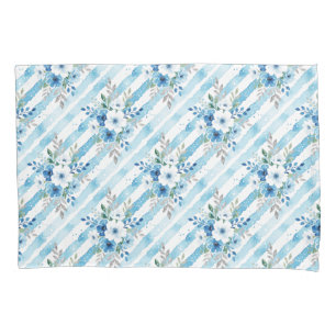 Housse D'oreillers Rayure florale botanique bleu blanc aquarelle