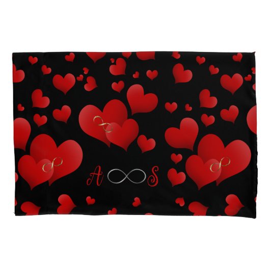 Housse D'oreillers Red Hearts Infinity Initiales Monogramme sur noir (devant-gauche)