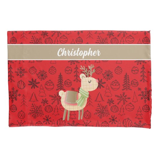 Housse D'oreillers Reindeer Coussin Coque, script personnalisé rouge (devant)