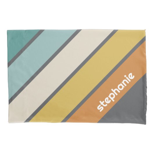 Housse D'oreillers Retro Stripe - turquoise et or - avec nom monogram (devant)