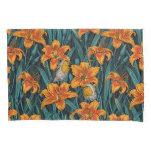 Housse D'oreillers Robins et fleurs de lys, orange et bleu