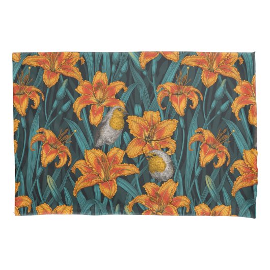 Housse D'oreillers Robins et fleurs de lys, orange et bleu (devant-gauche)