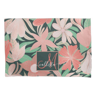Housse D'oreillers Rose Gold Coral Green Floral Leaves monogram