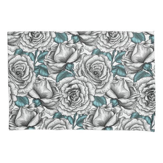 Housse D'oreillers Roses blanches avec feuilles bleus (devant)
