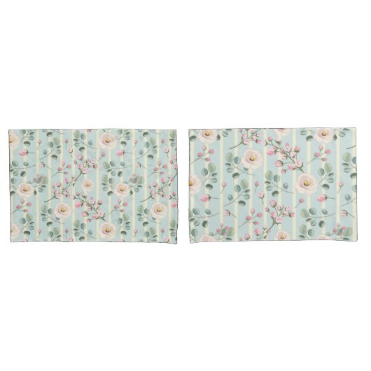 Housse D'oreillers Roses roses bleus bandes blanches (devant-Set)