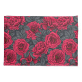 Housse D'oreillers Roses rouges avec feuilles gris sur noir (Dos-gauche)