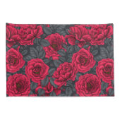 Housse D'oreillers Roses rouges avec feuilles gris sur noir (Dos-Droit)