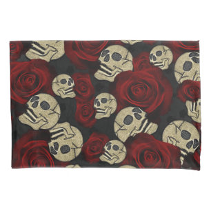 Housse D'oreillers Roses Rouges & Crânes Floral Noir Gris Gothique