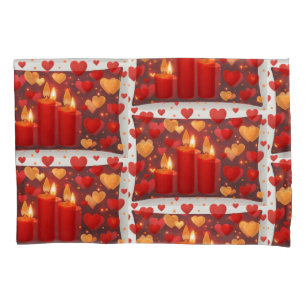 Housse D'oreillers "Rouge romantique et chandelles dorées avec cœurs 