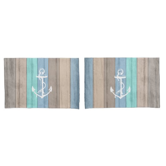 Housse D'oreillers Rustic Beach Wood Bandes et Ancres nautiques (devant-Set)