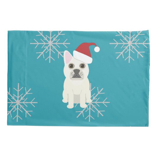 Housse D'oreillers Santa Frenchie, Snowflakes Blue (Dos)