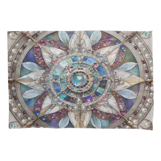 Housse D'oreillers Saphirs roses et bleus Diamants Perles Mandala (devant)