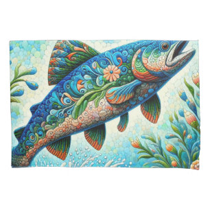 Housse D'oreillers Saumon Saut Mosaïque Floral Blue Green Peach