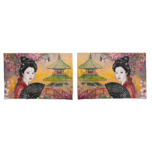 Housse D'oreillers Scène Japonaise Avec Une Femme (devant-Set)