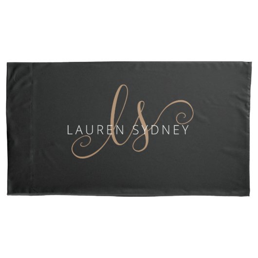Housse D'oreillers Script féminin Black Gold moderne Monogramme (devant)
