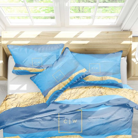 Housse D'oreillers Soleil Azur Ocean Surf Vagues Blue Gold Monogramme