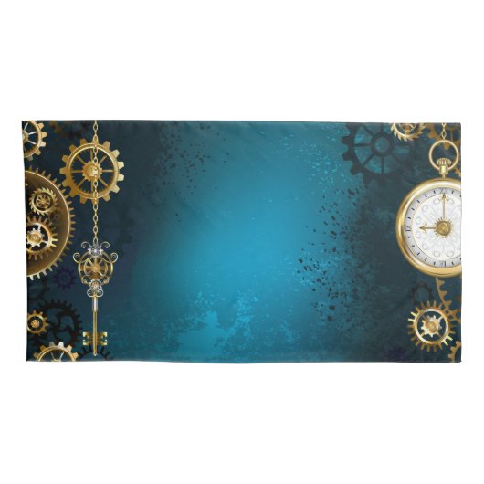 Housse D'oreillers Steampunk Arrière - plan turquoise avec Gears (Dos-Droit)