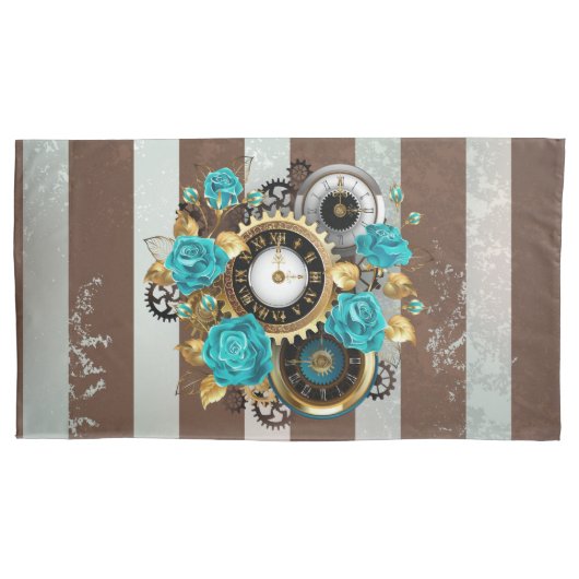 Housse D'oreillers Steampunk Clock and Turquoise Roses on Striped (devant-gauche)
