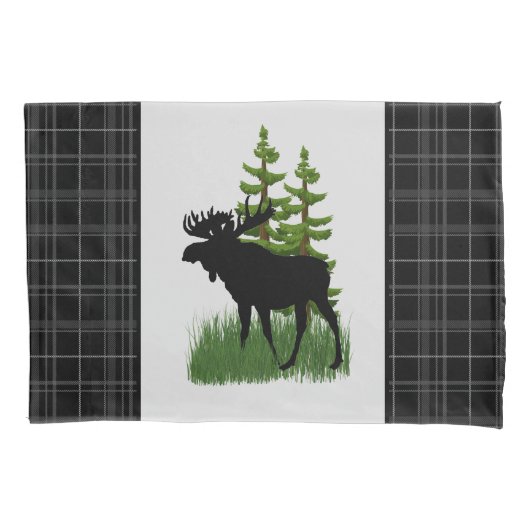 Housse D'oreillers Style Rustique Cabine Noir Plaid Moose Silhouette (devant)