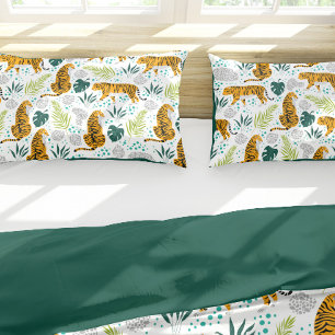 Housse D'oreillers Tigers & Tropical Leaves Pattern, Green