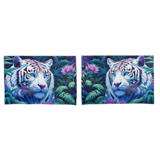 Housse D'oreillers Tigre blanc avec fleurs violettes (devant-Set)