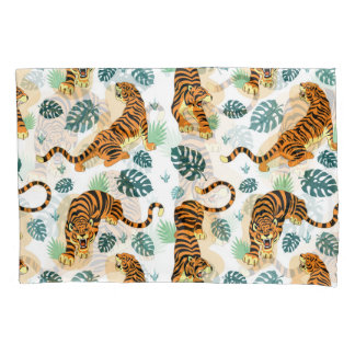 Housse D'oreillers Tigres Feuilles tropicaux : Illustration Vintage.