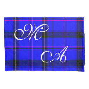 Housse D'oreillers Tissu Tartan Bleu Écossais Avec Monogramme