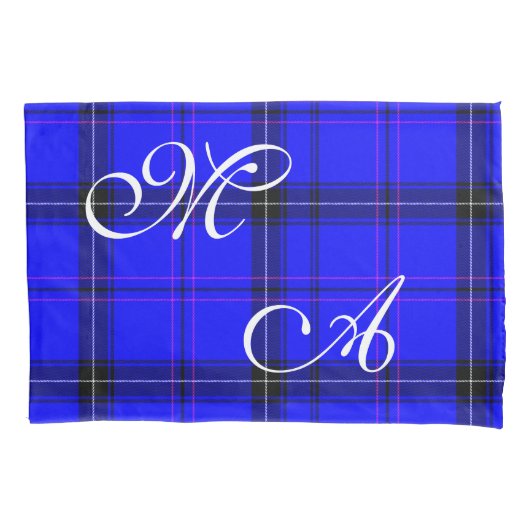Housse D'oreillers Tissu Tartan Bleu Écossais Avec Monogramme (devant)