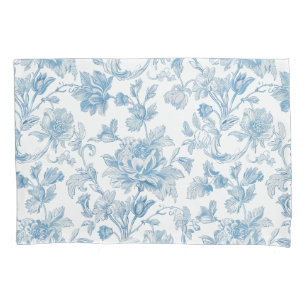 Housse D'oreillers Toile-de-jouy Chinoiseries motif floral bleu