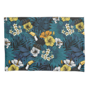 Housse D'oreillers Toucans et flore tropicale, bleu, jaune, orange