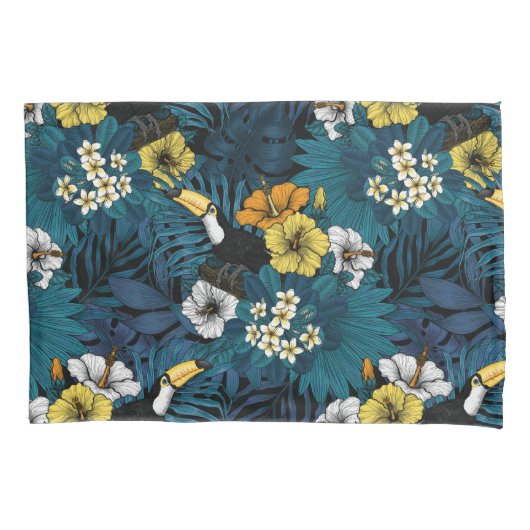 Housse D'oreillers Toucans et flore tropicale, bleu, jaune, orange (devant-gauche)