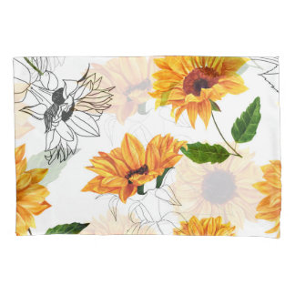 Housse D'oreillers Tournesols dessinés à la main : motif jaune vif.