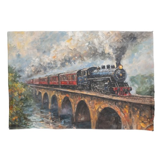 Housse D'oreillers Train à vapeur sur un pont - Peinture à l'huile (devant)