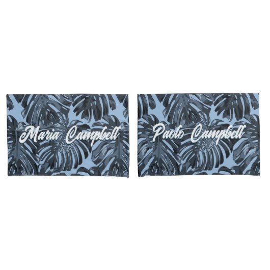 Housse D'oreillers Tropical Dark Grey Blue Feuilles Deux noms (devant-Set)