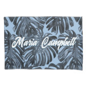 Housse D'oreillers Tropical Dark Grey Blue Feuilles Deux noms (devant-gauche)