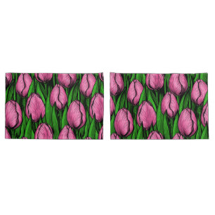 Housse D'oreillers Tulières roses avec feuilles verts