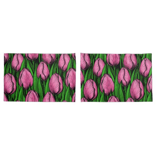 Housse D'oreillers Tulières roses avec feuilles verts (Dos-Set)
