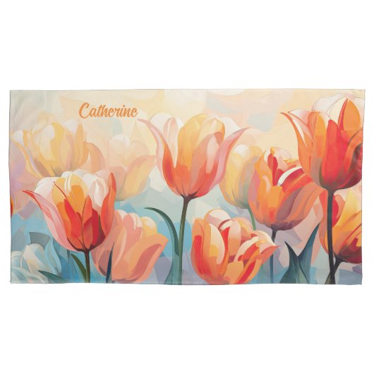 Housse D'oreillers Tulipes d'aquarelle de nom personnalisé (devant)