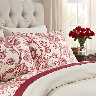 Housse D'oreillers Tulipes Toile Rouge et Crème - Décoration de Style