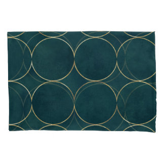 Housse D'oreillers Turquoise foncé, Cercles d'or Aquarelle.
